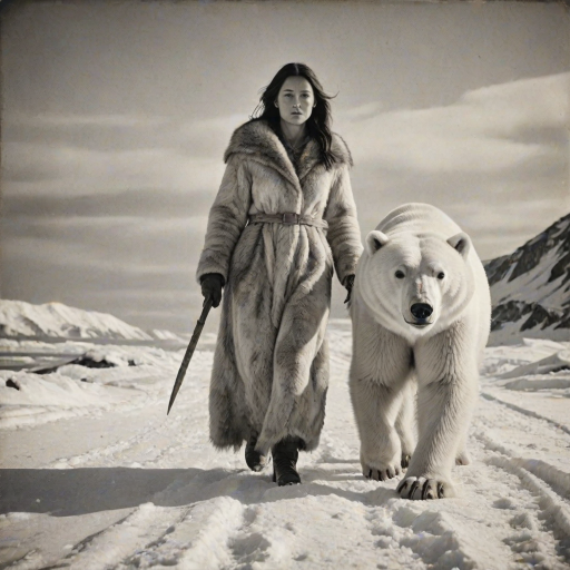 A very old photograph in black and white. The photo is badly damaged, faded, with scratches, tears, smudges and dirt. The photo is ultra-realistic and very detailed. It's a picture of an Arctic warrior. She is walking serenely towards the camera. At her side walks a majestic polar bear. Its fur shines in the sunlight. Snow, ice, sea. wind. snow in the air.