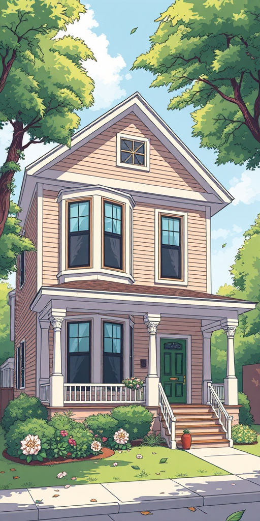 Create a detailed illustration of a house with two floors, large windows, and a porch, using a wide-angle view, shot with a DSLR camera, aperture f/8, ISO 200, and a focal length of 24mm for enhanced clarity and depth.