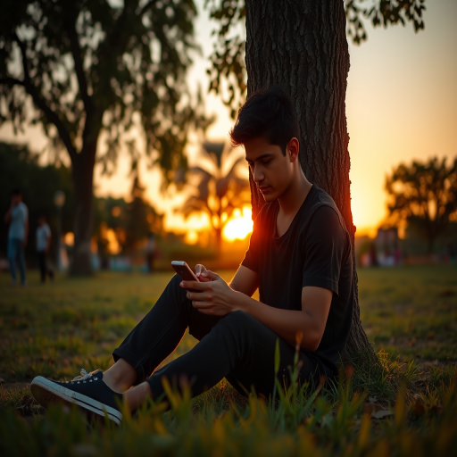 capture a serene outdoor scene at sunset with a young man sitting against a tree, focused on his phone, surrounded by a few distant people, use a DSLR camera with a 50mm lens, aperture f/2.8, ISO 200, shutter speed 1/250s, low angle view to emphasize the foreground and warm colors of the setting sun