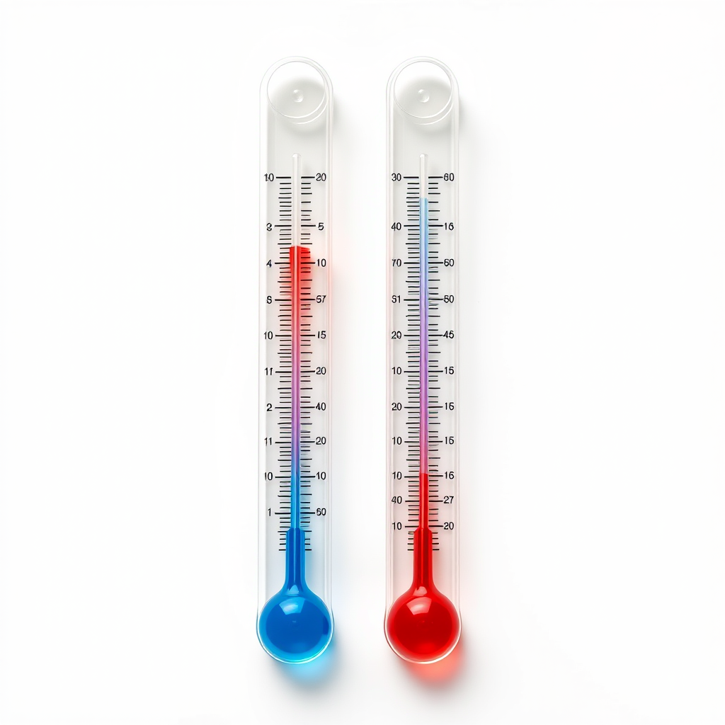 Create a high-resolution vector-style illustration of two laboratory glass thermometers, one red and one blue, with a simple white background, using a DSLR camera with a 50mm lens at f/1.8, ISO 100, shutter speed 1/200s, in a flat lay composition for sharp detail and vibrant colors.