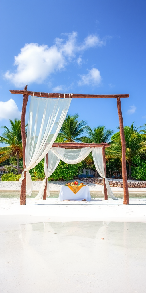 Create a picturesque tropical beach scene featuring a serene, white sandy shore. In the foreground, there's a rustic wooden canopy with white drapes gently flowing in the breeze. Underneath the canopy, a table is set with tropical decor, evoking a sense of relaxation and leisure. The beach extends into a calm, shallow water area with reflections of the sky and surroundings. Palm trees and lush greenery line the edge of the beach, providing a natural, tropical backdrop. The sky is clear with a few scattered clouds, and the overall atmosphere is tranquil and inviting, perfect for a peaceful retreat.