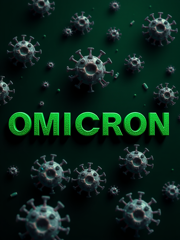 Create a digital illustration of the word "OMICRON" in bold green letters surrounded by stylized virus particles on a dark green background, shot with a DSLR camera at f/8 aperture, ISO 200, 50mm lens, using a macro photography style for enhanced detail and clarity.