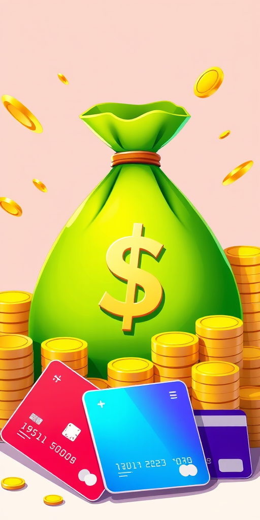 A vibrant illustration of a large green money bag with a dollar sign, surrounded by stacks of gold coins and three colorful credit cards in red, blue, and purple, soft lighting, ISO 100, f/5.6 aperture, focal length 50mm, 2D digital illustration style, high resolution.