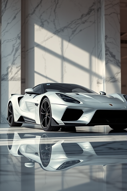 High-quality render of a luxury sports car in an elegant marble setting, captured with a DSLR camera, 50mm lens, f/1.8 aperture, ISO 100, soft lighting, low angle view for dramatic effect, emphasizing the car's sleek design and details.