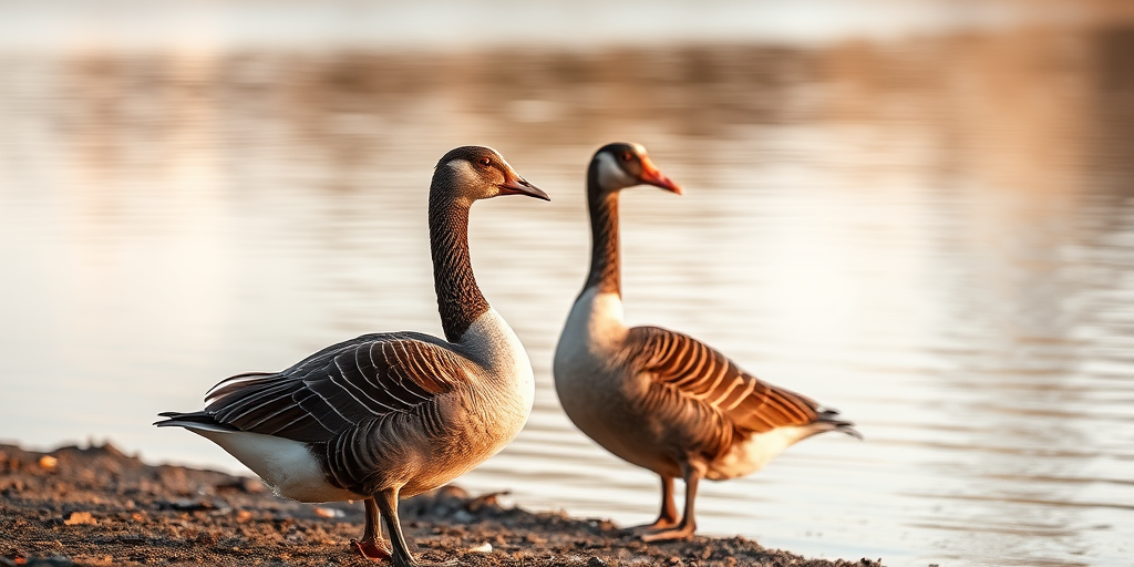 Regenerate the image of two geese standing by the water's edge, using a DSLR camera with a 50mm lens, aperture set to f/2.8 for shallow depth of field, ISO 200 for clear detail, with a soft natural light setting during golden hour, capturing the textures of their feather patterns and the reflections in the water.