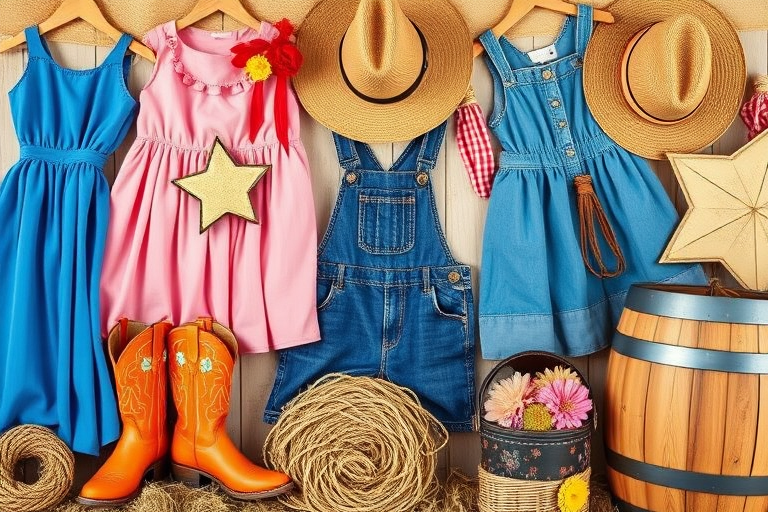 Create a vibrant collage of cowboy-themed decorations including blue and pink dresses, denim overalls, a cowboy hat, orange boots with flowers, a rope lasso, a hay bale, and a wooden barrel, using a Canon EOS R5 with a 24-70mm f/2.8 lens at f/4, ISO 100, 1/200 sec, shot from a flat lay perspective with natural lighting for enhanced colors and detail.