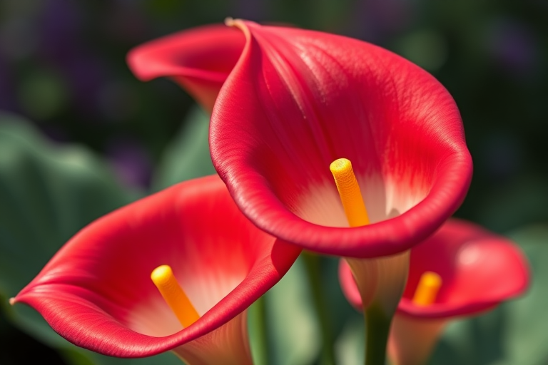 capture a close-up of vibrant calla lilies with a blurred background, using a Canon EOS R5 camera, 85mm lens, aperture f/2.8, shutter speed 1/250s, ISO 100, natural lighting, focus on floral detail