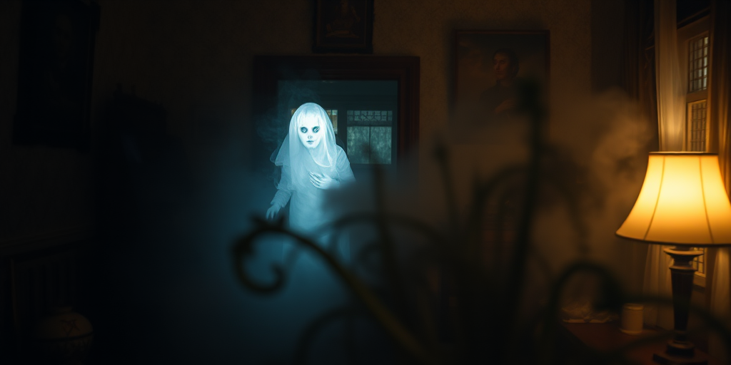 Create a haunting image of a ghostly figure in a dimly lit, vintage room, with fog swirling around, using a Canon EOS R5, 24mm lens, aperture f/1.8, ISO 800, shutter speed 1/50 sec, soft focus style, with dramatic chiaroscuro lighting to enhance the eerie atmosphere.