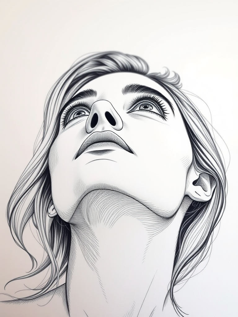 Create a highly detailed portrait illustration of a woman looking upwards, using fine line work and cross-hatching techniques, with a soft focus background; camera settings: aperture f/2.8, ISO 100, shutter speed 1/125s; camera view: close-up; camera style: artistic; camera type: DSLR.