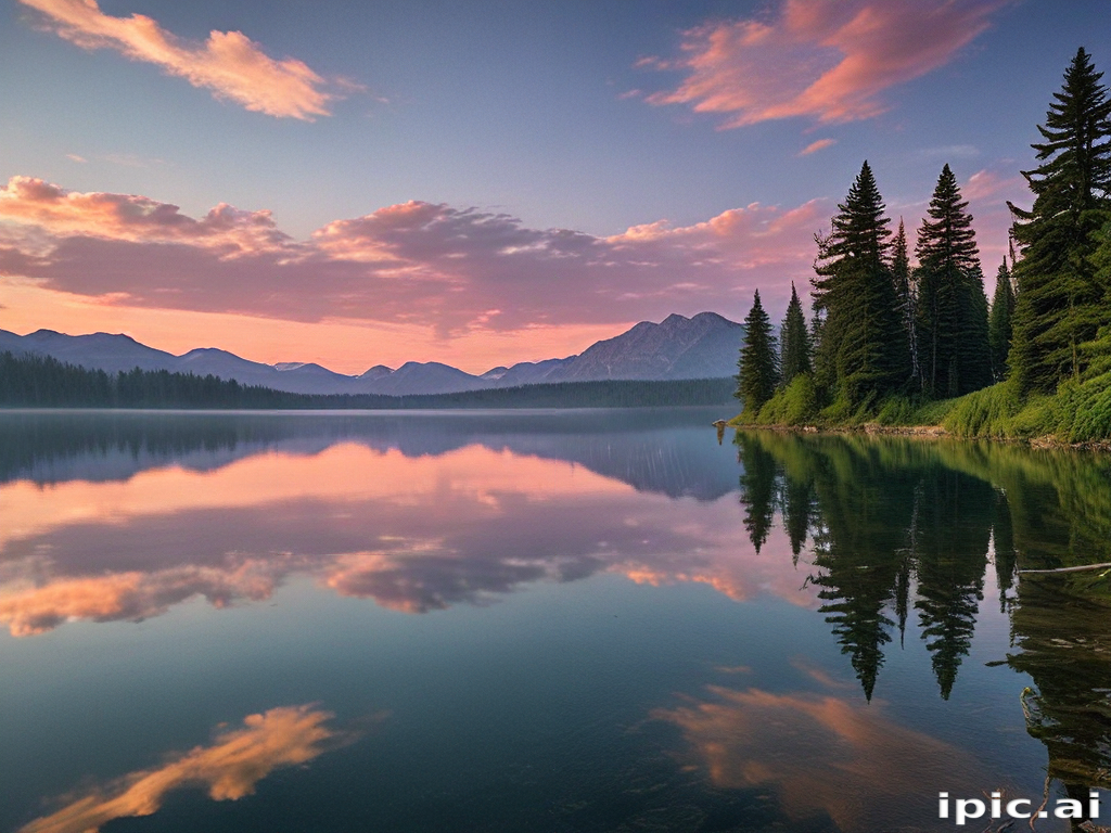 Tranquil Sunrise Reflections Over a Serene Lake Surrounded by Majestic ...