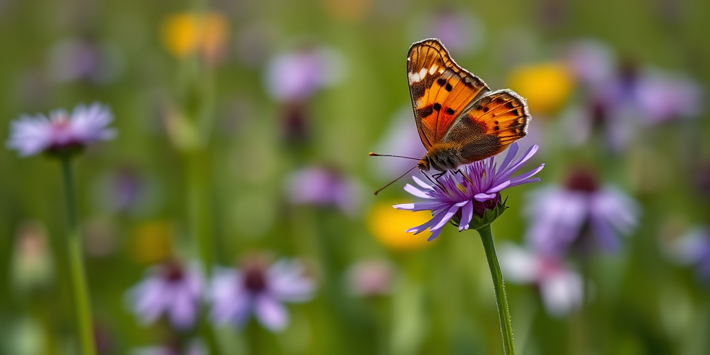 Capture a close-up of a butterfly on a purple flower in a vibrant green field, using a macro lens at f/2.8 for a shallow depth of field, ISO 200 for clarity, shutter speed 1/500s to freeze motion, and natural lighting for enhanced color contrast.