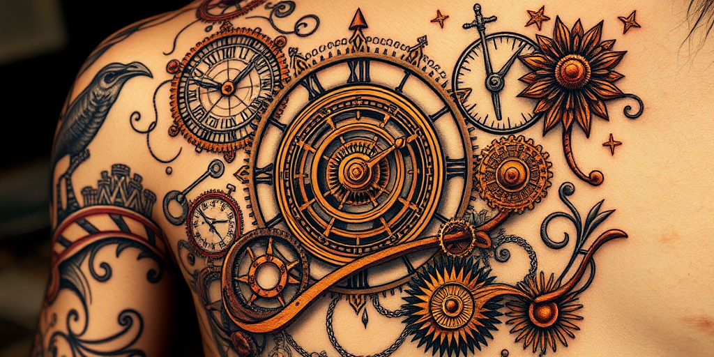 Steampunk-inspired tattoo featuring intricate clockwork mechanisms and Victorian-era elements, sepia tones with copper and brass accents, vintage industrial aesthetic with ornate details