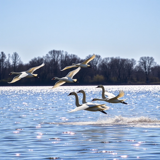 Capture a serene scene of swans flying over a glistening lake, using a Canon EOS 5D Mark IV with a 70-200mm lens at f/4, ISO 400, shutter speed 1/2000 sec, shot in landscape view with a focus on the swans in mid-flight, emphasizing natural lighting and vibrant colors.