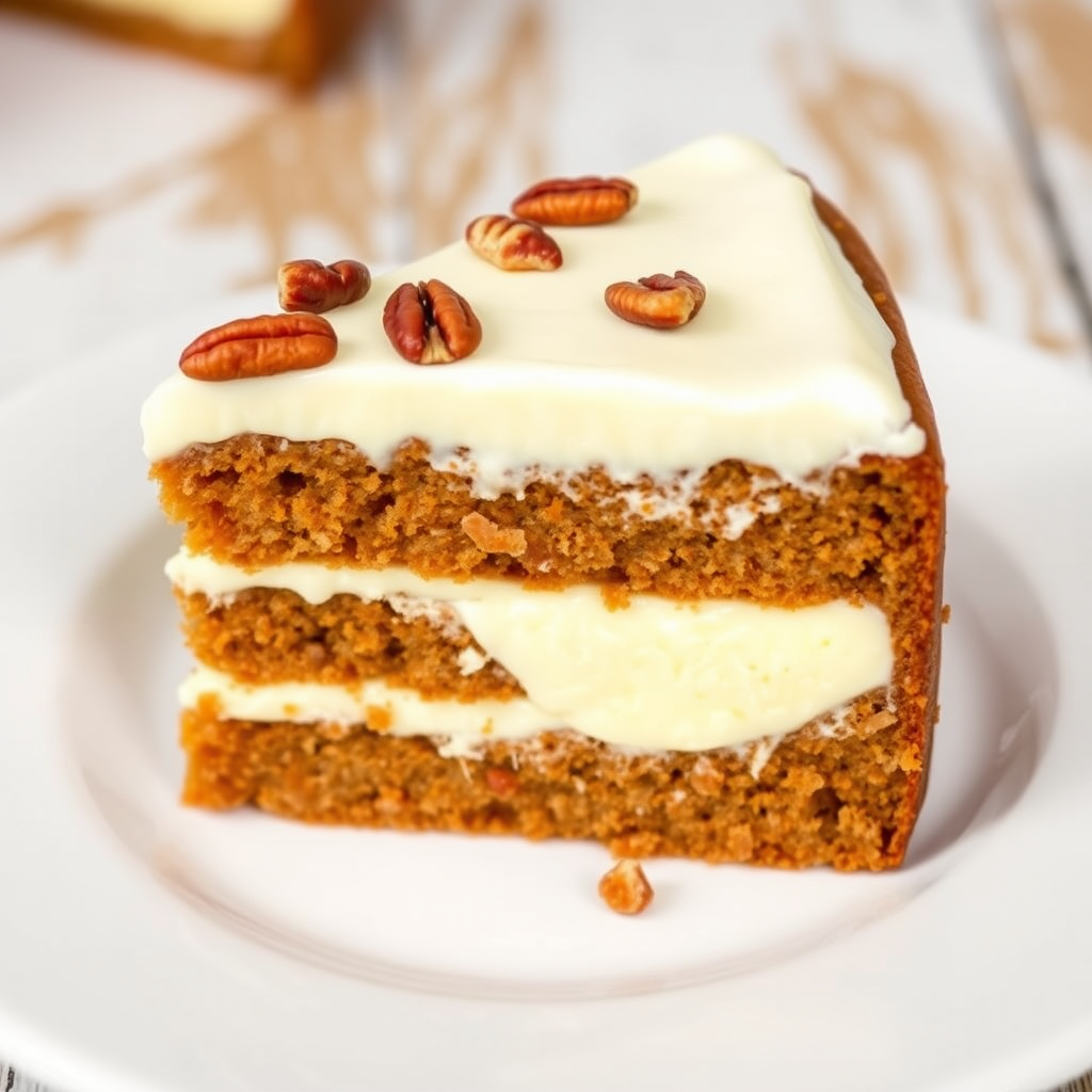 A slice of moist carrot cake layered with creamy cheesecake filling topped with smooth white frosting and sprinkled with chopped pecans served on a white plate with a rustic background.