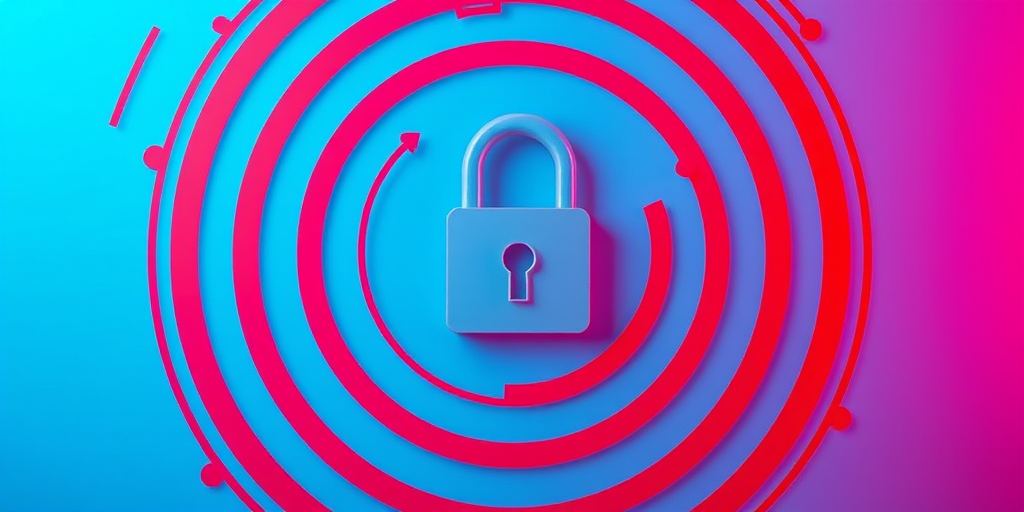 Create an abstract digital lock symbol centered on a blue background with red concentric circles, enhance with a Canon EOS R5, 35mm lens, aperture f/4, ISO 100, and a slight vignette effect for depth.
