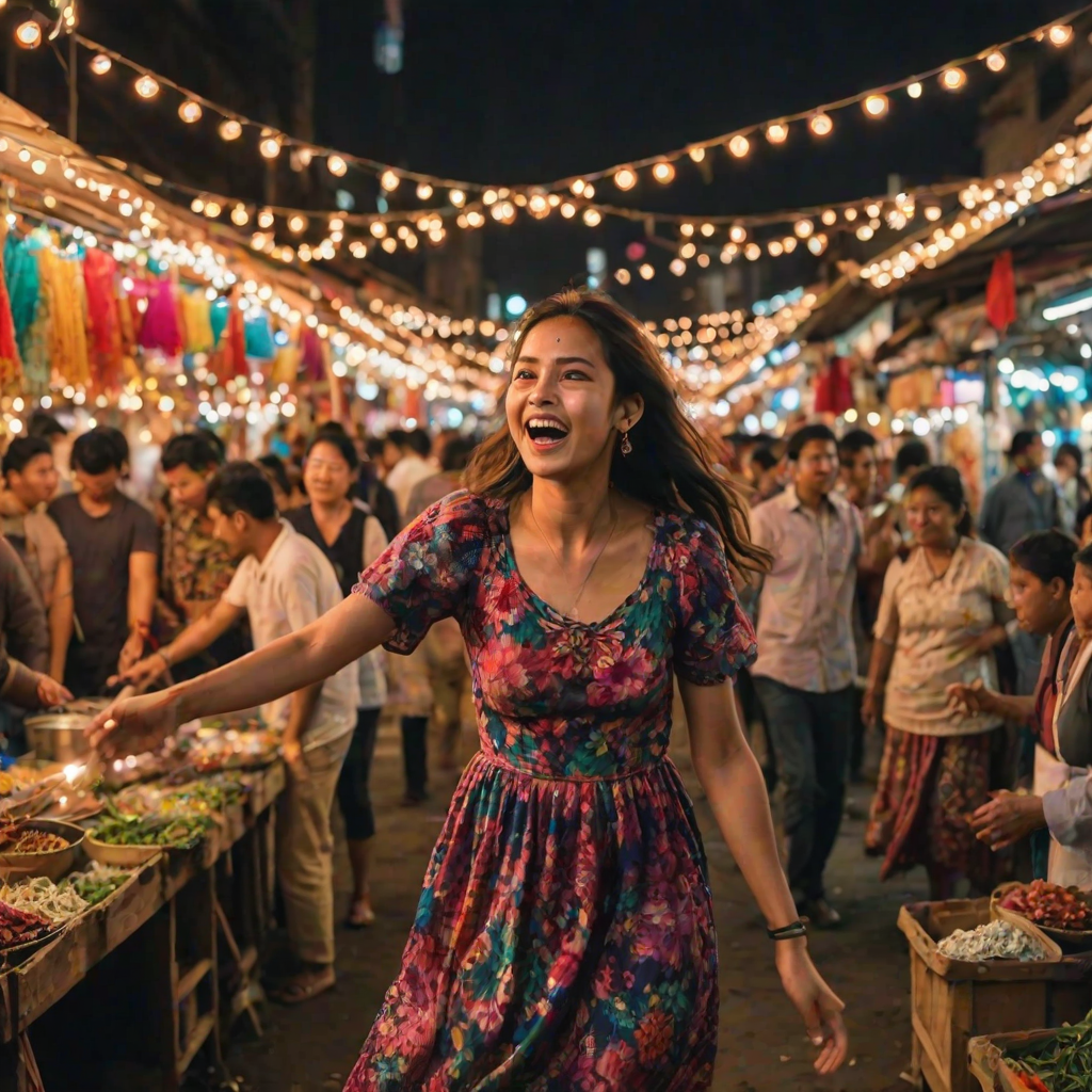 Vibrant festival at night, string lights hanging above crowded stalls, a woman in a colorful dress spins joyfully in the middle of the bustling market.