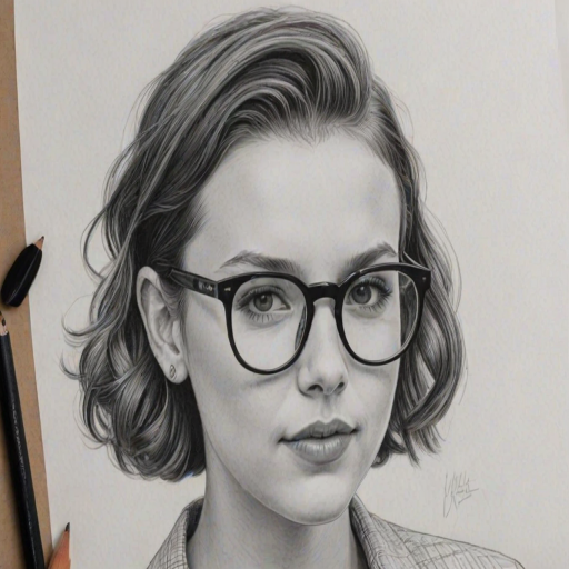 Exquisite Millie Bobby Brown, pencil sketch, portrait of Delightful woman 1972s in glasses, hair style beatnik, outline, clear lines, fine lines, 8k