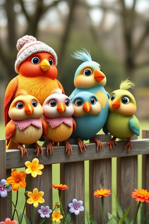 create a scene of 4 quirky  whimsical colourful comical birds each with a funny expression. they are sat on a wooden fence with colourful flowers. they are all different sizes. each one is a different colour  one is wearing a woolly hat. Each one has a different quirky google expression and there is a muted background of trees watercolour paintierly style high definition 8k resolution 3D paper mache