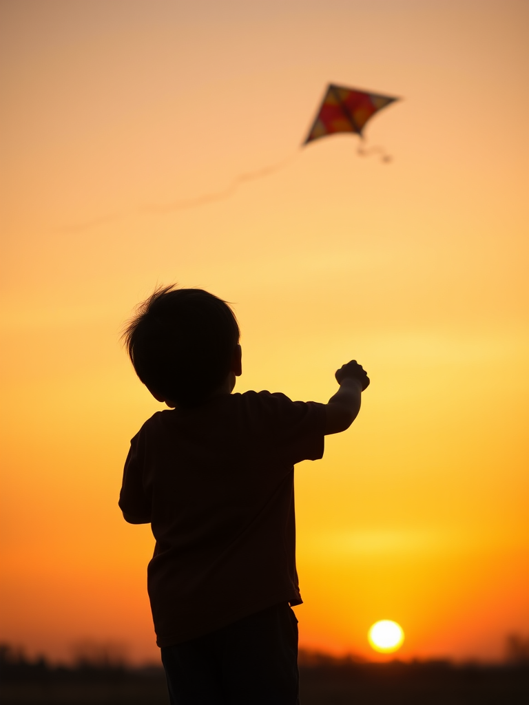 silhouette of a child flying a kite at sunset with a vibrant orange sky, soft focus, wide-angle lens, f/8 aperture, ISO 100, 1/200 sec shutter speed, DSLR camera, golden hour lighting