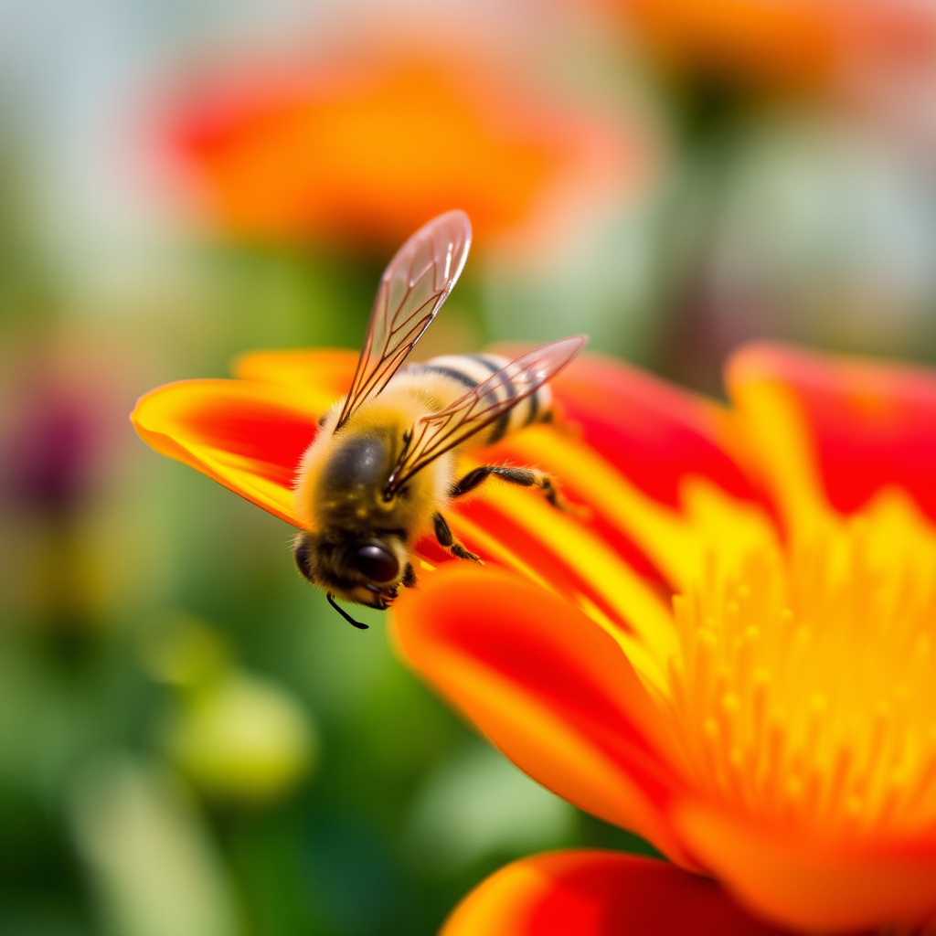 Close-up of a bee on a vibrant red and yellow flower, shallow depth of field, natural lighting, macro lens, f/2.8 aperture, 100mm lens, ISO 200, captured with a DSLR camera.