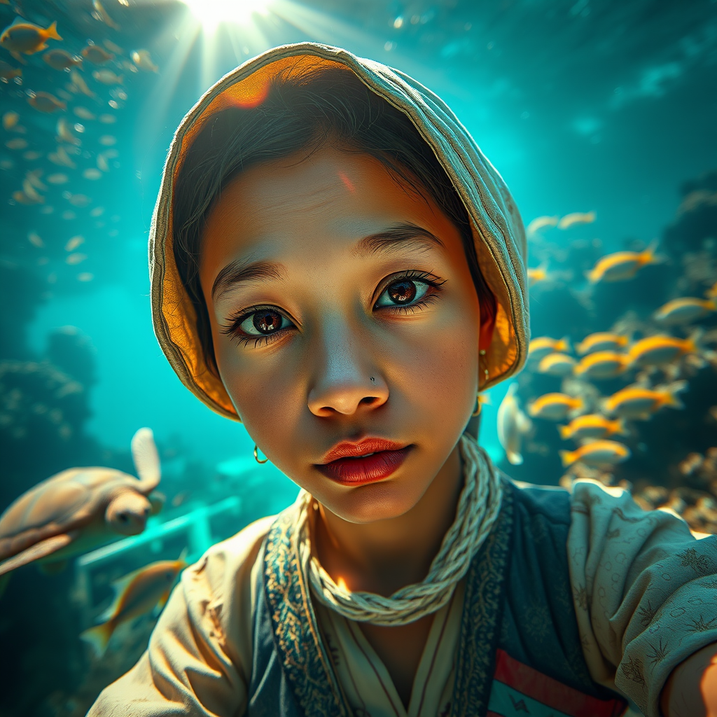 Realistic selfie image of a Burmese, wearing a vintage outfit, detailed dreamy eyes, droopy hooded eyes, staring at the camera, taken underwater at coral reef with a sunbeam filtering through the water, vibrant, summer vacation, natural lighting, turtle and school of tropical fish with vibrant colors, rendered in the style of CryEngine, Pegi Nicol MacLeod, with realistic genre scenes, hauntingly beautiful narratives, ultra-realism, and Thomas Saliot's close-up technique, 8K resolution, crystal clear and sparkling water.