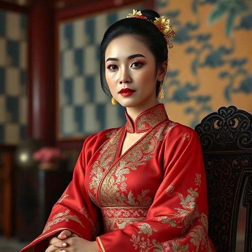 A beautiful Latino woman in traditional East Asian attire, intricately detailed with embroidered patterns, sitting gracefully in a richly decorated room, soft ambient lighting, serene and elegant, ultra-realistic, 8K resolution