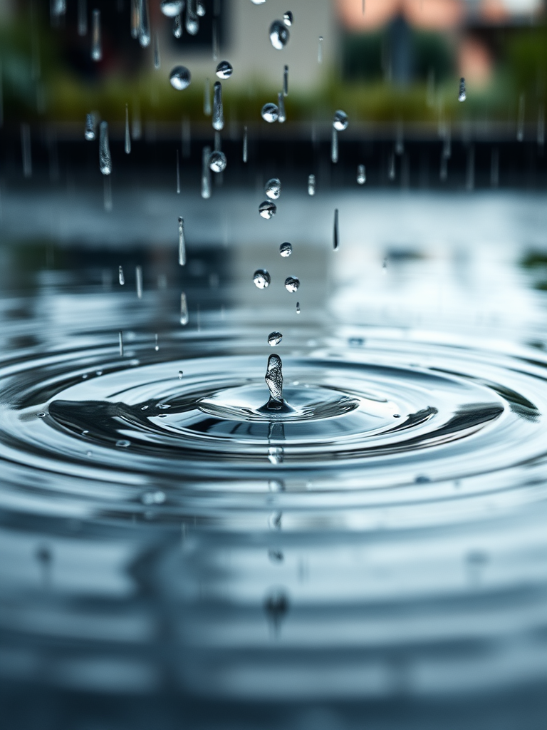 capture a close-up image of rain falling on water, highlighting the concentric ripples, using a DSLR camera with a 50mm lens, aperture f/2.8, shutter speed 1/125s, ISO 100, in natural daylight, with a shallow depth of field for a blurred background effect