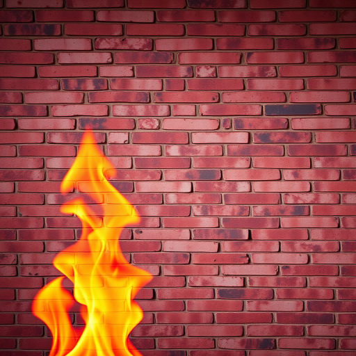 Create an image of a textured red brick wall with a realistic flame on one side, using a DSLR camera with a 50mm lens, aperture set to f/8, ISO 200, shot from a slightly elevated angle to capture the details of the wall and flame vividly.