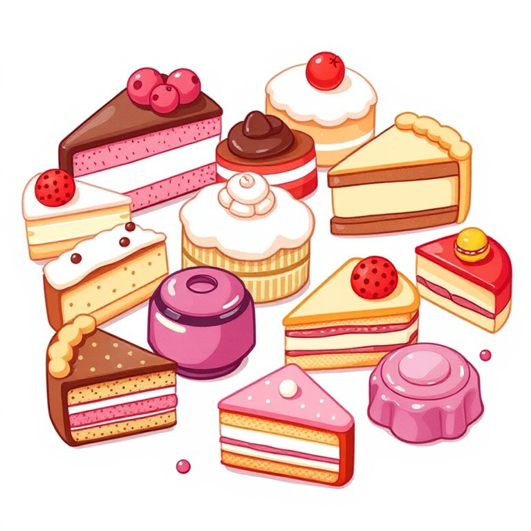 Illustration of various desserts including cakes, slices, and jelly, drawn in a playful style, high resolution, shot with a DSLR camera, 50mm lens, aperture f/2.8 for a shallow depth of field, natural light for soft shadows.