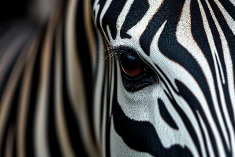 Generate a high-resolution close-up image of zebra stripes on a black background using a Canon EOS 5D Mark IV, f/8 aperture, 1/125 sec shutter speed, ISO 100, with a soft focus and vibrant colors.