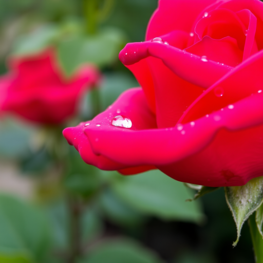 Create an image of a single rose with dew drops on its petals. The rose should be in full bloom and the background should be blurred with a hint of greenery. The rose should be captured from a side angle, showcasing its vibrant color and intricate petal structure.