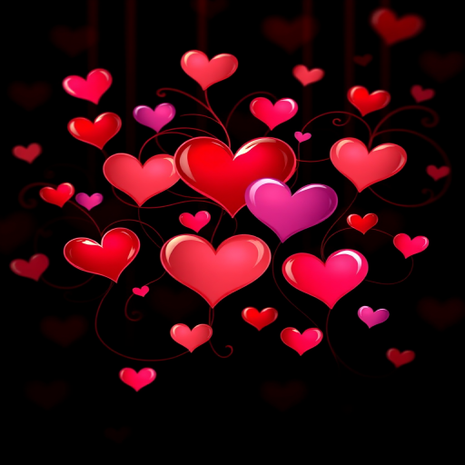 Create a digital illustration of colorful hearts in various shades of red and pink connected by swirling lines on a black background, with a soft focus effect, using a high-resolution digital camera, f/2.8 aperture, ISO 100, and a 50mm lens to enhance image quality.