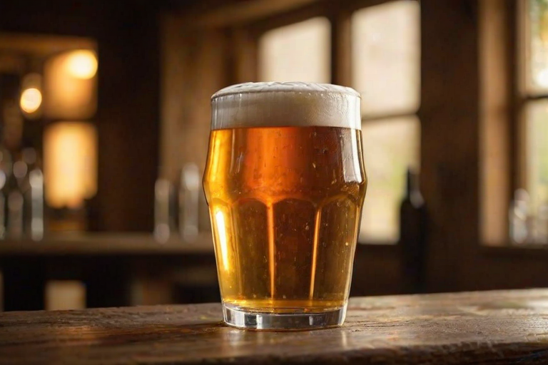 Close-up of a freshly poured pint of beer on a rustic wooden bar, soft golden light illuminating the frothy head, with bottles and glassware softly blurred in the background and a sense of warmth and relaxation.