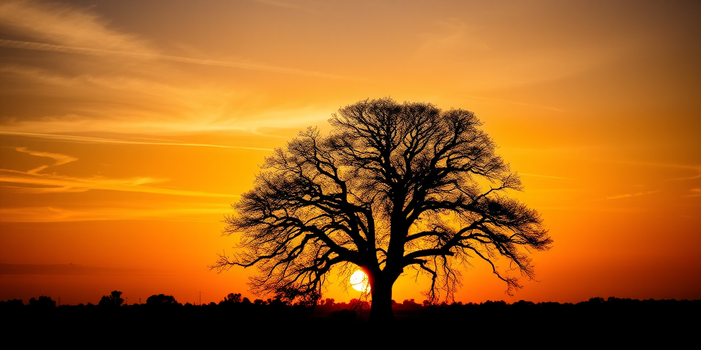 large silhouetted tree against a sunset sky, warm colors, high dynamic range, f/8 aperture, ISO 100, 50mm lens, landscape orientation, DSLR camera