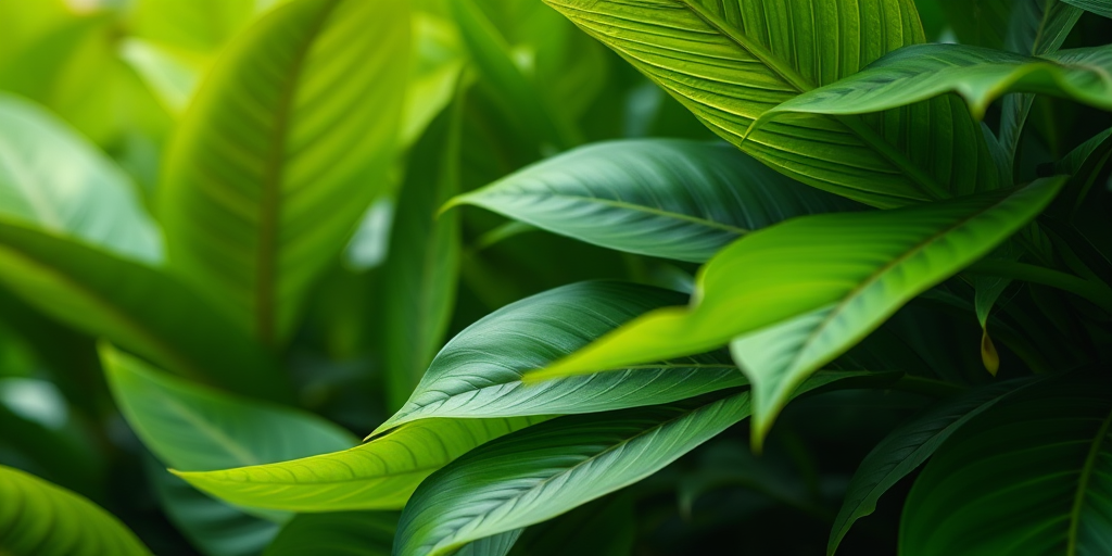 Create a high-resolution close-up image of lush tropical leaves filling the frame, emphasize detailed textures and vibrant colors, use a DSLR camera with a 50mm lens, aperture set to f/2.8, ISO 100, shutter speed 1/125, natural soft lighting to enhance depth.