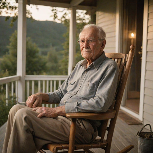 Warmly lit photo of an elderly man sitting on a porch in a rocking chair, his face illuminated by soft evening light, with a rural landscape stretching out behind him and a sense of peaceful solitude.