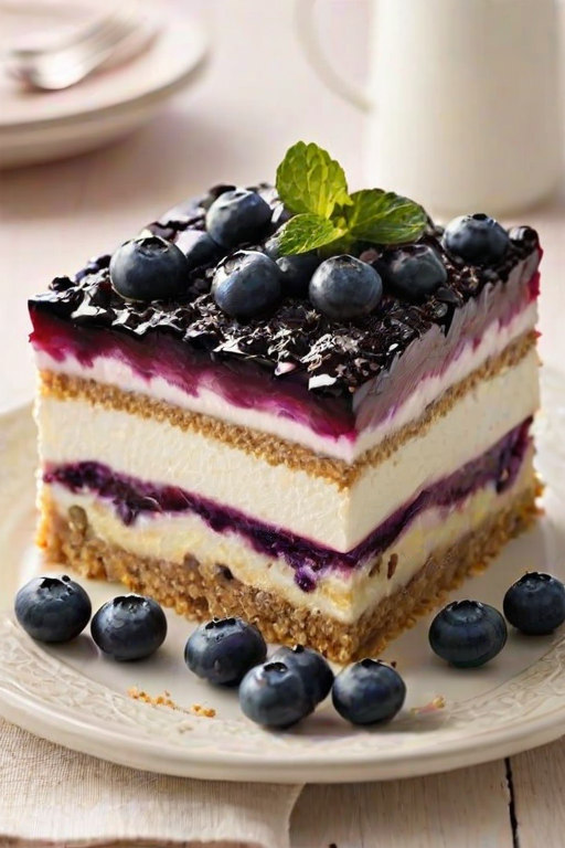 Create an image of a delectable layered dessert featuring multiple layers of creamy filling, blueberries, and a crunchy topping. The dessert should be presented on a decorative plate, showcasing its vibrant colors and textures. Include a few blueberries on top for an extra touch of freshness.