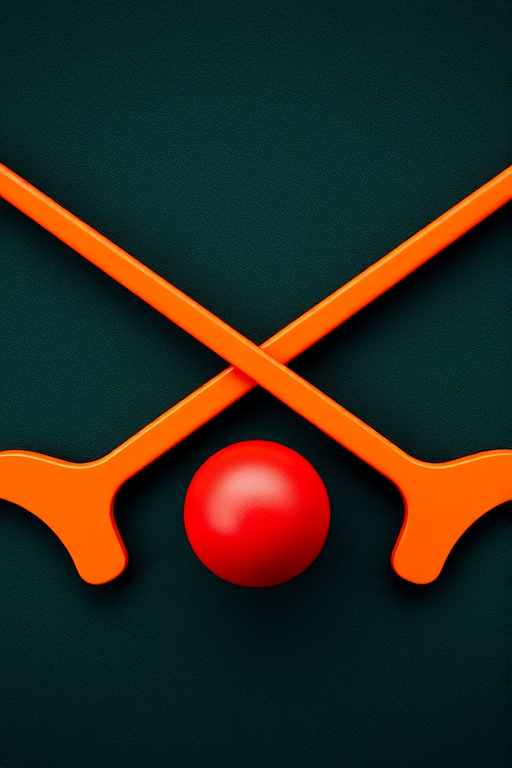 Create a high-resolution image of two crossed hockey sticks in vibrant orange, with a red ball centered below them, using a DSLR camera at f/4 aperture, ISO 100, 50mm lens, shot from a top-down view with soft natural lighting for enhanced detail and clarity.