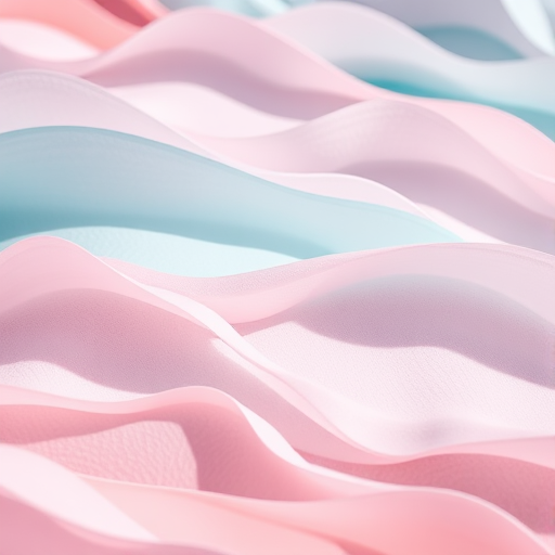 Create an abstract image of layered waves in soft pastel colors using a DSLR camera with a 50mm lens at f/2.8, ISO 100, and a shutter speed of 1/125s, capturing the intricate textures and shadows with a macro view for enhanced detail.