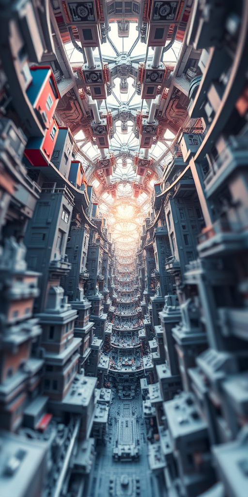 Create a high-resolution 3D fractal image of an intricate mechanical cityscape with layered geometric patterns, viewed from a low-angle perspective using a DSLR camera at f/8 aperture, ISO 100, and 24mm focal length for depth and clarity.