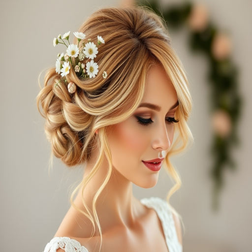 Radiant honey blonde beauty with a romantic, loose updo adorned with delicate flowers, perfect for a bohemian wedding look