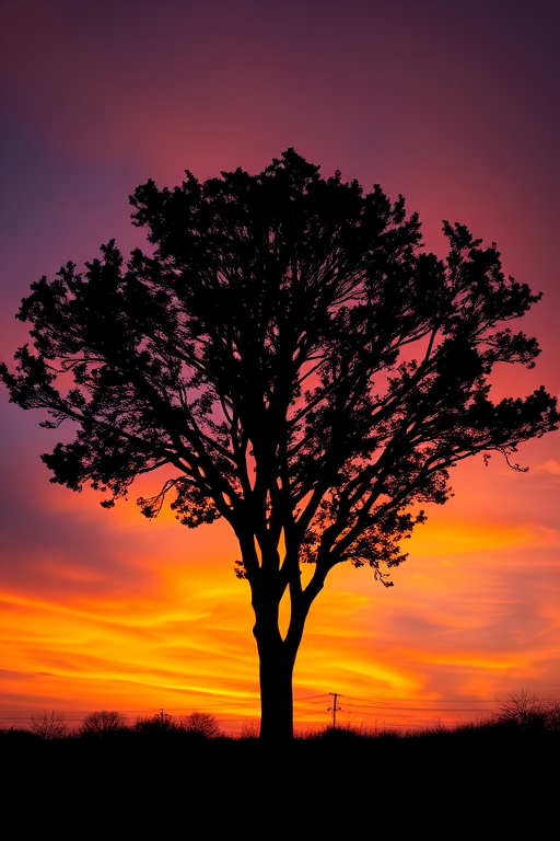 Capture an abstract silhouette of a tree against a vibrant sunset background, shot with a Canon EOS R5, 50mm lens, f/1.8 aperture, ISO 100, at a 1/200 second shutter speed from a low angle to emphasize the tree's stature and the vivid colors of the sky.