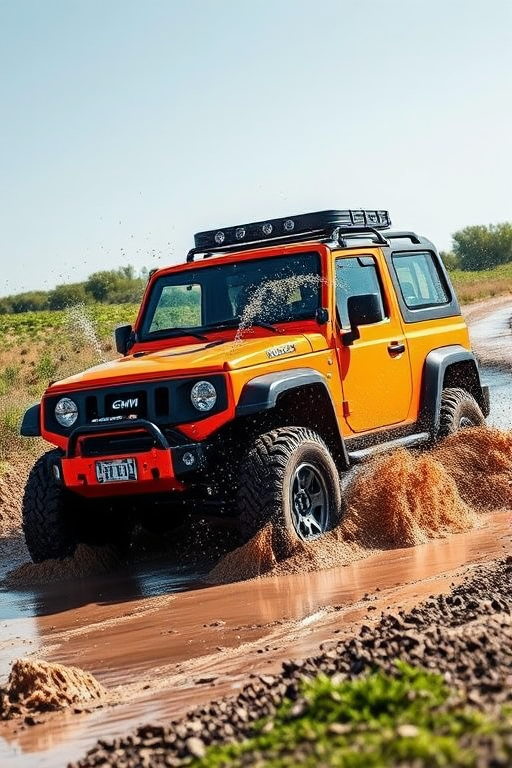 Capture a vibrant off-road scene of a bright orange GWM Tank 300 splashing through water on a muddy path, using a DSLR camera with a 50mm lens, aperture set to f/2.8, shutter speed at 1/1000 sec, ISO 200, in bright daylight for enhanced clarity and detail.