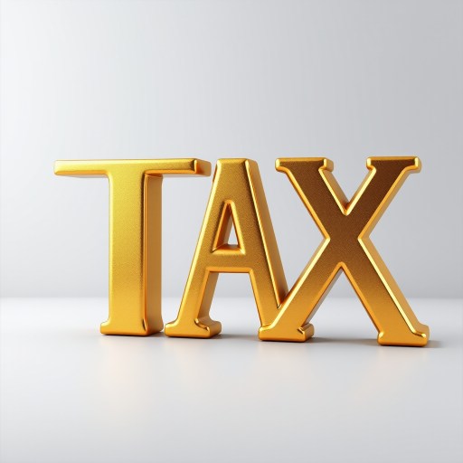 Create a 3D gold text rendering of the word "TAX" with a glossy finish, using a DSLR camera with a 50mm lens, aperture f/2.8, ISO 100, 1/200s shutter speed, in a well-lit studio setting with soft shadows and a blurred gradient background.