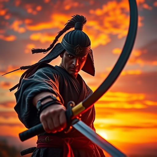 Create a highly detailed portrait of a fierce warrior holding a katana, set against a dramatic sunset sky with vibrant colors, capturing intense emotions with sharp focus, using a DSLR camera, 50mm lens, f/1.8 aperture, ISO 200, shot at a low angle for a dynamic view.