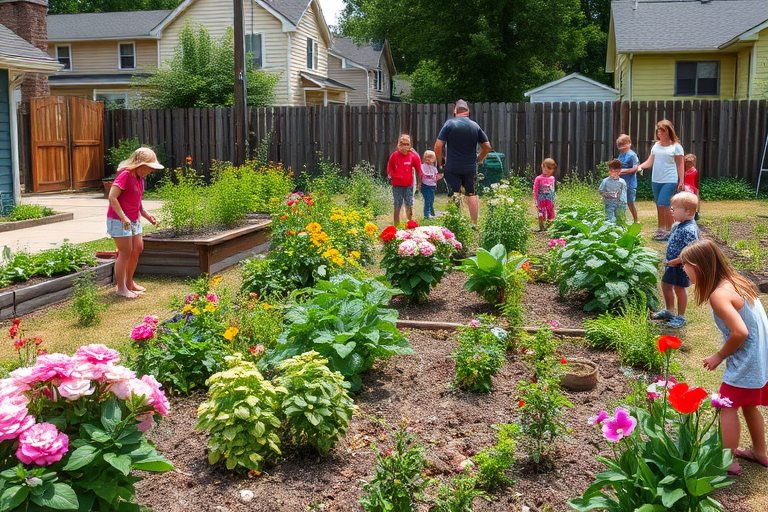 Lively community garden, with neighbors planting flowers and vegetables, children playing nearby, and a sense of community and collaboration in the air.