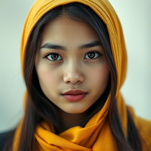 Create a portrait of a young Singaporean woman with long, dark hair and captivating hazel eyes. She is wearing a Yellow headscarf and a matching scarf draped gracefully around her neck. The background is softly blurred, focusing attention on her serene and natural expression. The overall color palette is muted and warm, enhancing the intimate and authentic feel of the portrait.
