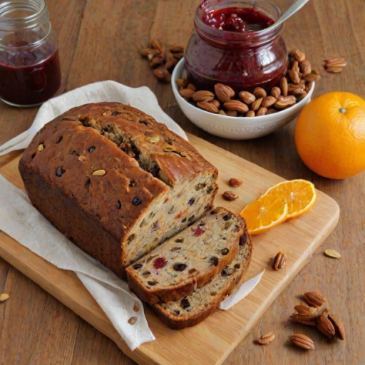 Create an image of a rustic fruit and nut loaf on a wooden cutting board. Surround it with slices of the loaf, a small bowl of nuts, and a jar of orange jam. Include some dried fruit and orange slices for decoration, and use a soft, natural lighting to enhance the warm, inviting atmosphere.