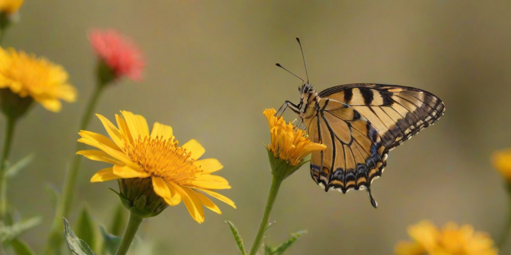 a colorful butterfly perched on a vibrant yellow flower with a soft blurred background