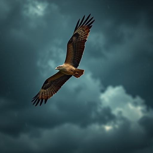 Capture a soaring hawk in a dramatic stormy sky with dark clouds and rain, using a DSLR camera at 200mm focal length, f/5.6 aperture, ISO 400, with a high-speed shutter of 1/1000 seconds, taken from a low angle to emphasize the bird's wingspan and enhance the moody atmosphere.